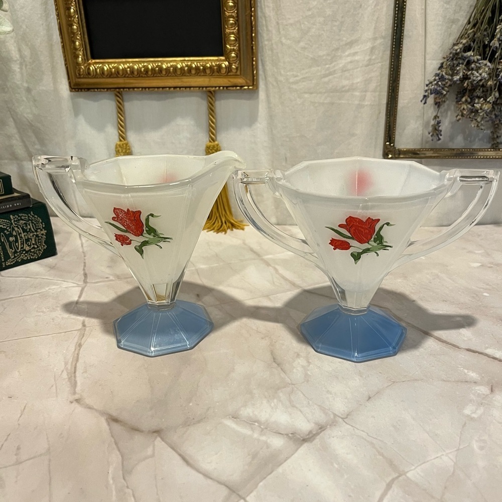 VINTAGE Indiana Glass Westmoreland Red Tulip Glass Sugar & Creamer